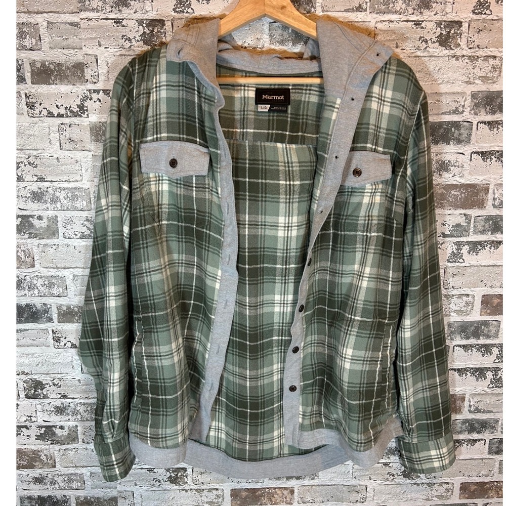 Marmot Hooded Flannel Shirt Jacket Mens Large Green Plaid Excellent Gorpcore L